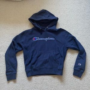 Champion Reverse Weave Chenille Script Pullover Hoodie in Navy Blue
